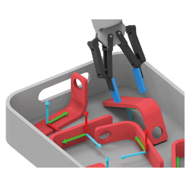 Illustration of a robot end-effector reaching into a bin to pick L-shaped workpieces for CADMatch Machine Tending Software